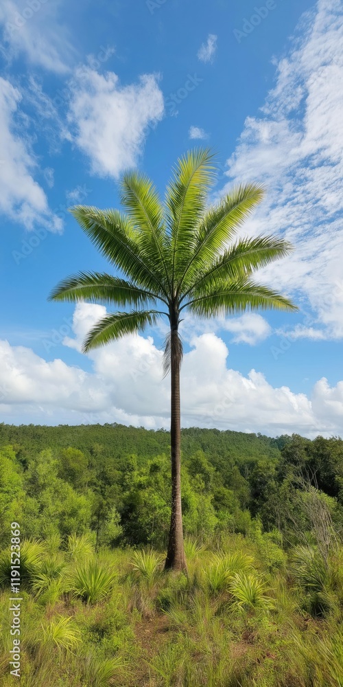 A tall palm tree stands in a lush green field. The sky is clear and blue, with a few clouds scattered throughout. Concept of tranquility and natural beauty A tall palm tree stands in a lush green field. The sky is clear and blue, with a few clouds scattered throughout. Concept of tranquility and natural beauty