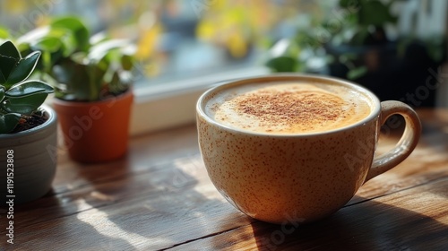 Warm and inviting cup of spiced beverage with cinnamon and star anise on a ru...