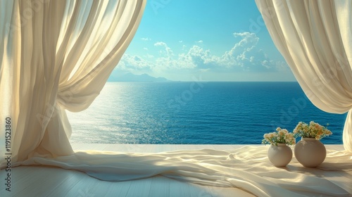 Stunning ocean view framed by sheer curtains on a sunny day