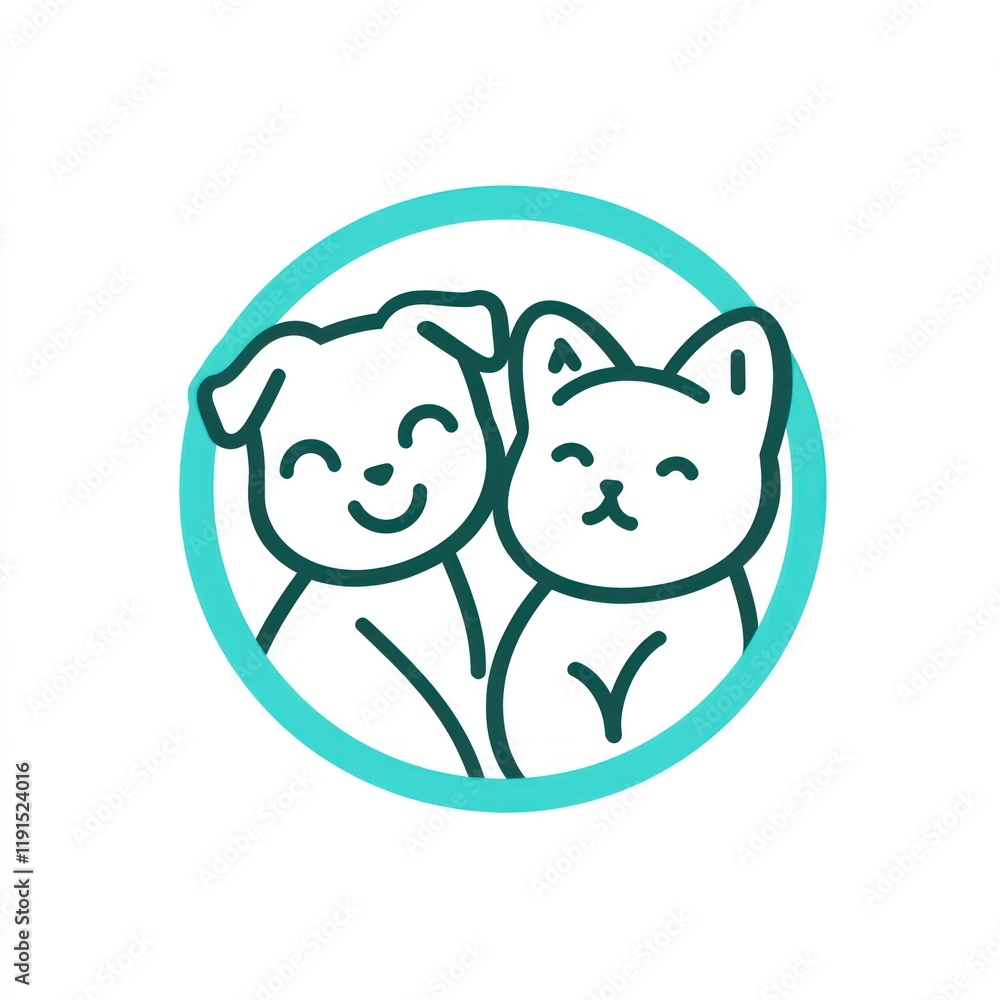 Happy dog and cat friends, circle frame, white background, pet adoption Happy dog and cat friends, circle frame, white background, pet adoption