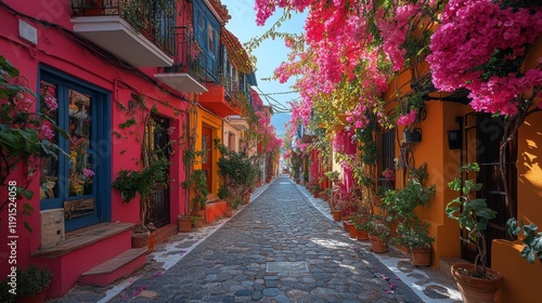 Charming cobblestone path lined with blooming flowers in a colorful neighborhood
