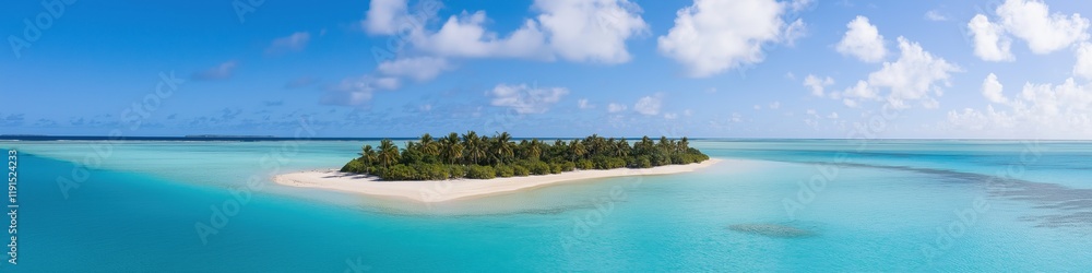 A beautiful island with palm trees and a blue ocean. The island is surrounded by water and has a calm, peaceful atmosphere A beautiful island with palm trees and a blue ocean. The island is surrounded by water and has a calm, peaceful atmosphere