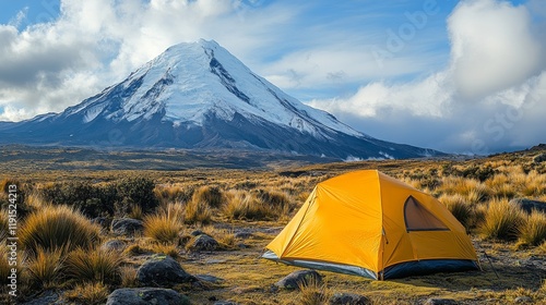 Camping in a yellow tent by the snowy peak of a mountain under a cloudy sky a...