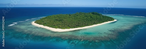 A small island with a blue ocean in the background. The island is surrounded by a coral reef photo