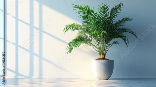 Lush green plant in bright interior space with soft light illuminating walls ...