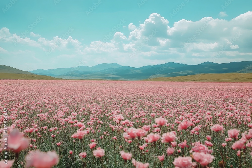 Vibrant pink flower field in a mountainous landscape during clear blue skies Vibrant pink flower field in a mountainous landscape during clear blue skies