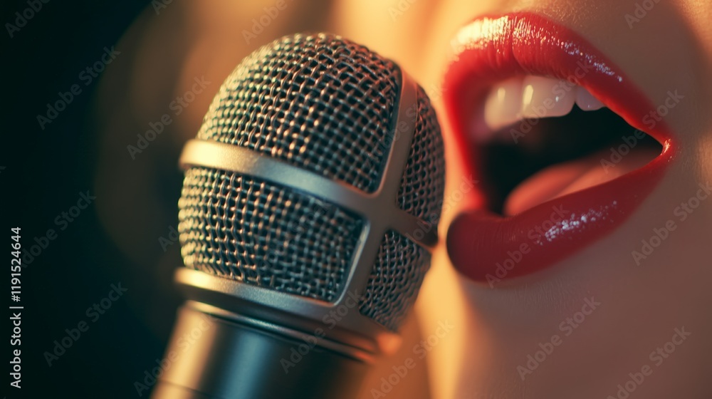 Obraz premium Close up view of a singer's vibrant red lips passionately engaging with a microphone, embodying the energy and emotion of an electrifying live performance