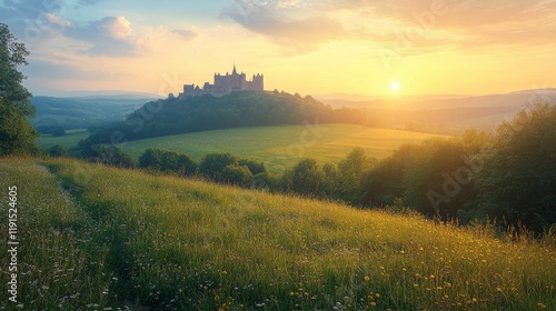Historic castle on a hilltop during sunset with dramatic skies and lush lands...