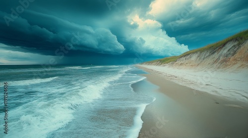 Dramatic cloudy sunset over sandy beach and grassland along the coastline