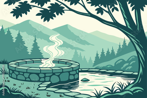 Serene mountain hot spring, misty forest landscape, steam rising from water, natural stone pool, sunlight filtering through trees, tranquil outdoor spa, lush green foliage, blue mountain silhouettes, 