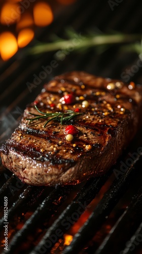 Perfectly Grilled Steak on Charcoal Barbecue with Flames and Smoke