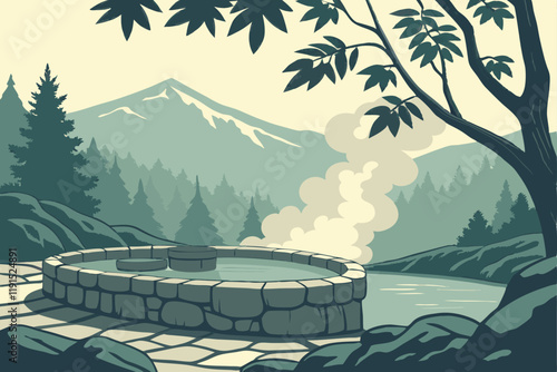 Serene mountain hot spring, misty forest landscape, steam rising from water, natural stone pool, sunlight filtering through trees, tranquil outdoor spa, lush green foliage, blue mountain silhouettes, 
