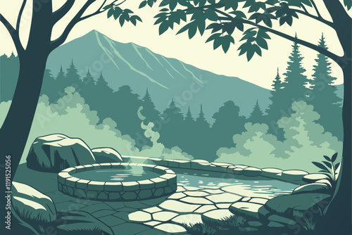 Serene mountain hot spring, misty forest landscape, steam rising from water, natural stone pool, sunlight filtering through trees, tranquil outdoor spa, lush green foliage, blue mountain silhouettes, 