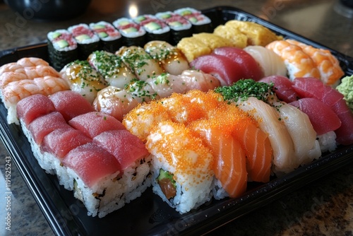 Assorted sushi varieties beautifully presented on a dark slate platter at a r...