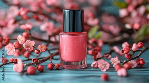 Vibrant blue nail polish surrounded by colorful decorations and textures in a...