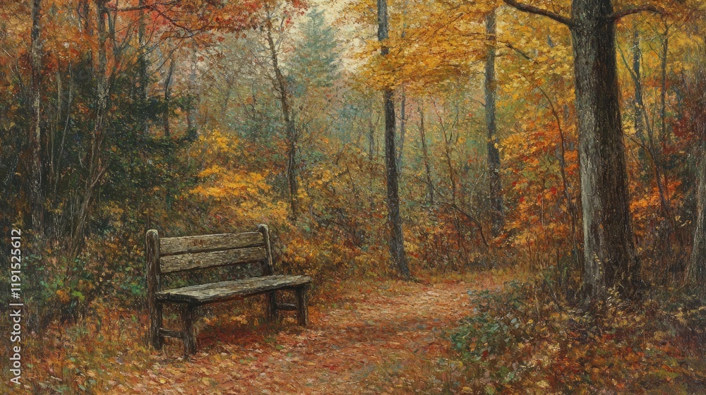 Autumnal Woodland Path With Solitary Bench Autumnal Woodland Path With Solitary Bench