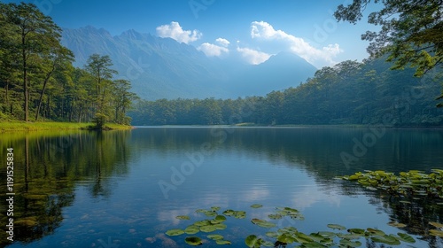 Serene lake surrounded by mountains and lush greenery under a clear blue sky