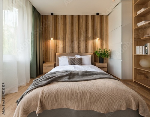 Wallpaper Mural Generated image Scandinavian bedroom with a feature wall of natural wood panels, a minimalist bed frame Torontodigital.ca