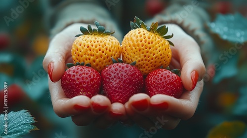 Female holding ripe strawberry in hands. Harvest of fresh juicy strawberry on farm