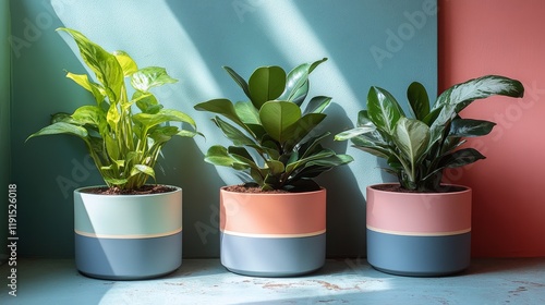 Indoor plants in colorful ceramic pots arranged neatly on a light background
