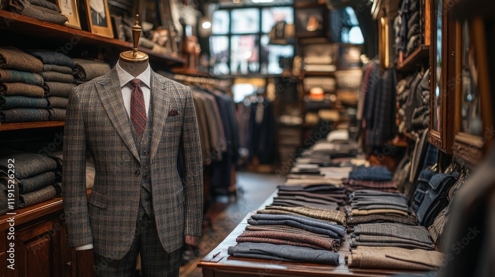 Tailored suits displayed in a classic menswear store filled with fabrics and accessories Tailored suits displayed in a classic menswear store filled with fabrics and accessories