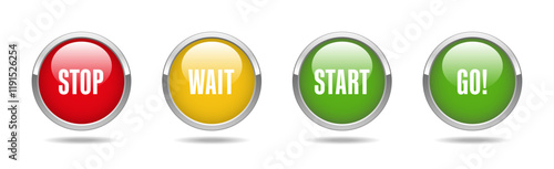 Stop, wait, start, go button icon set. Red, yellow, green, glossy button designs with chrome metal borders. Vector illustration isolated on white background.