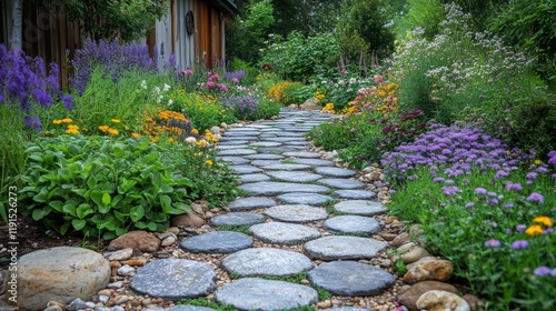 Beautiful stone pathway through a vibrant garden filled with colorful flowers...