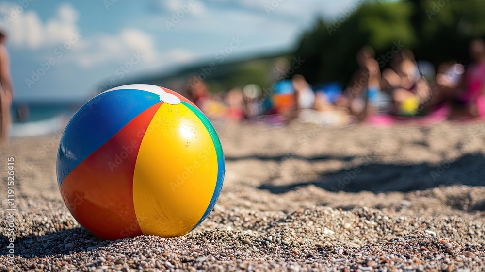 Beach Ball Rests On Sandy Shore Near People Beach Ball Rests On Sandy Shore Near People