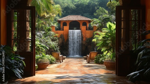 Serene entrance revealing a tranquil waterfall and lush greenery in a tropica...