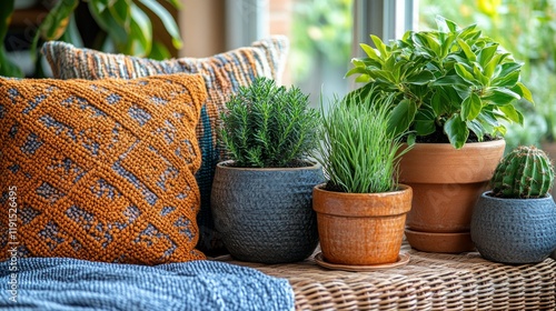 Decorative indoor plants arranged stylishly on a woven coffee table in a brig...