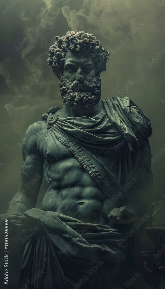 Powerful representation of marcus aurelius amidst a mysterious greek relic backdrop in smoky light Powerful representation of marcus aurelius amidst a mysterious greek relic backdrop in smoky light