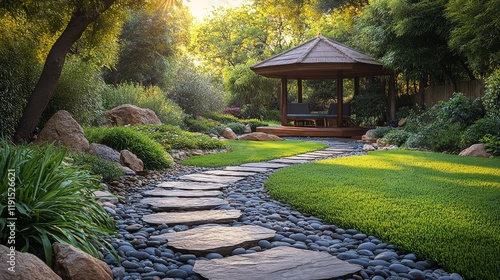Serene garden path leading to a wooden gazebo surrounded by lush greenery at ...