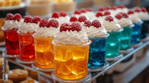 Colorful gelatin desserts topped with whipped cream and fruit garnishes in a ...