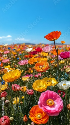 Vibrant wildflower field with a clear blue sky and fluffy clouds in a sunny s...
