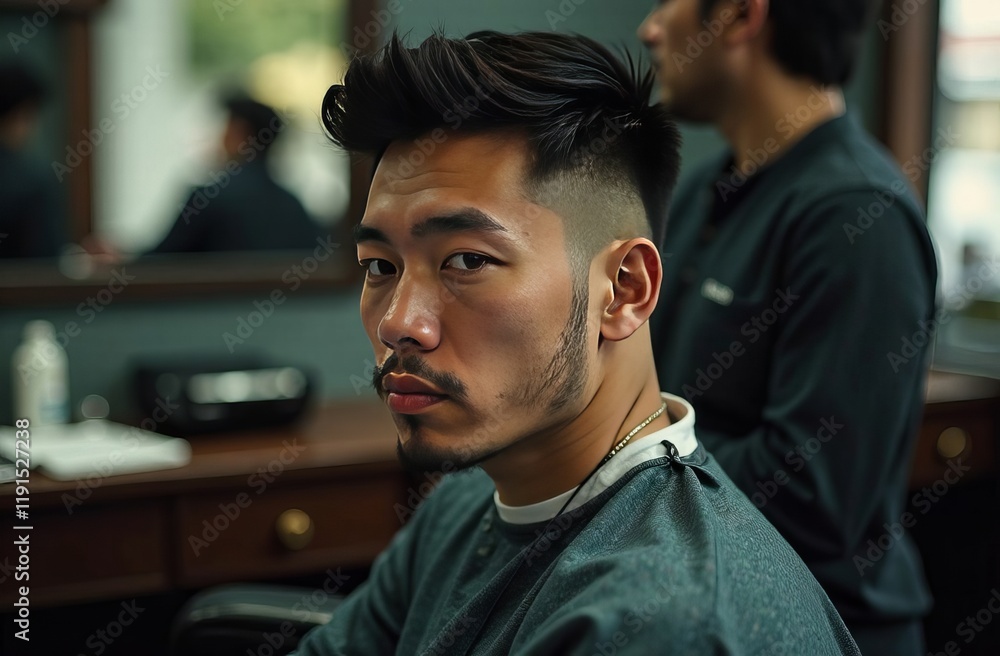 Asian man in barbershop with modern haircut Asian man in barbershop with modern haircut