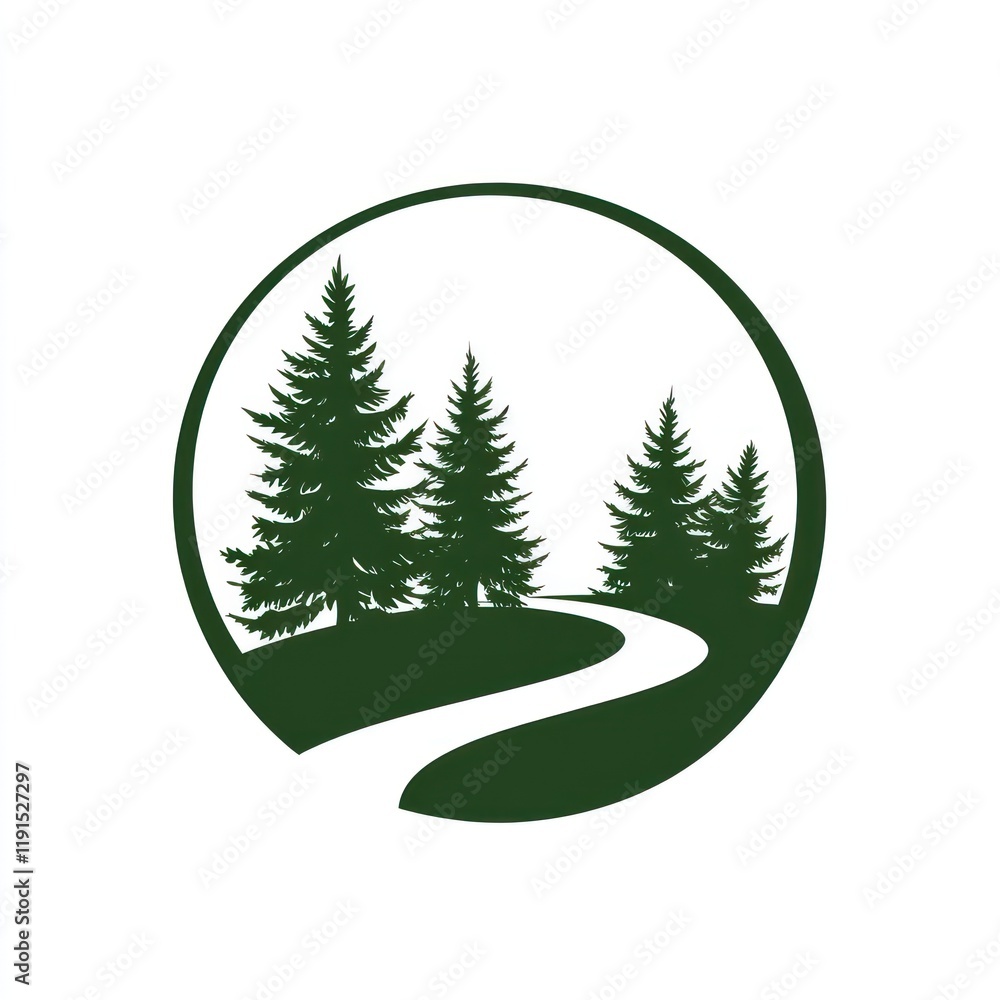 Winding path, evergreen trees, nature scene, circular design, logo