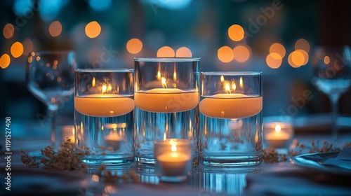 Elegant table setting with candles and flowers for a romantic evening dinner