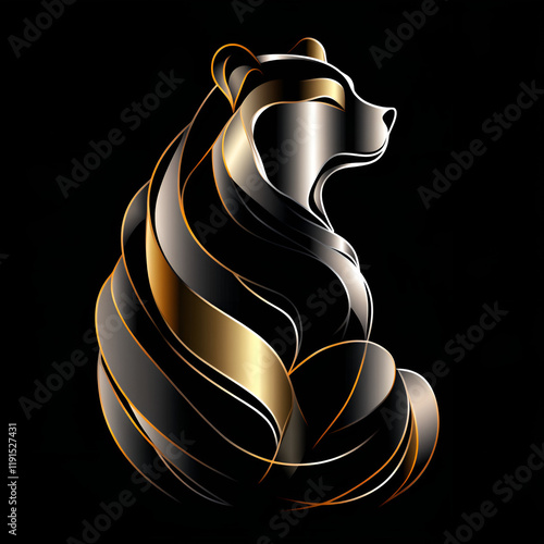 Elegant artistic bear silhouette, gold and silver design on a black background, smooth flowing lines, copy space
