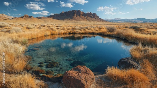 Natural oasis surrounded by mountains and desert landscape under a blue sky