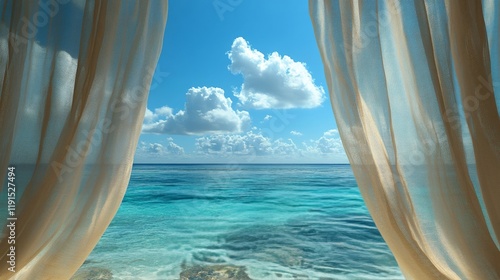Stunning ocean view framed by sheer curtains on a sunny day
