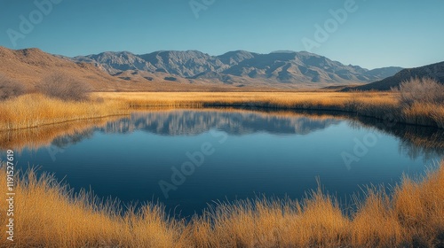 Serene landscape with foggy river and tall grasses in early morning light