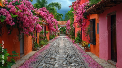 Charming cobblestone path lined with blooming flowers in a colorful neighborhood