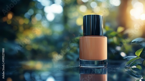 Elegantly captured bottle of foundation in natural light with blurred backgro...