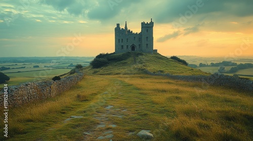 Historic castle on a hilltop during sunset with dramatic skies and lush lands...