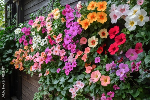Colorful flower wall with vibrant blooms in a garden setting during springtime