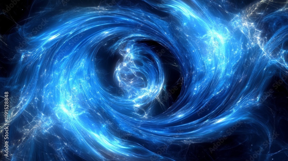 Glowing blue energy waves and digital particles in dark void. Abstract background Glowing blue energy waves and digital particles in dark void. Abstract background