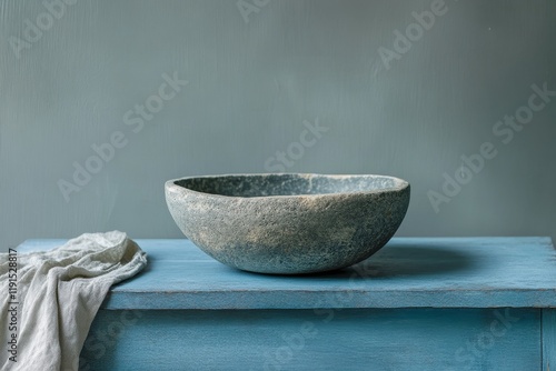 Elegant gray stone bowl on blue wooden table with textured cloth nearby