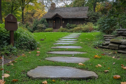 Beautiful stone path leads to a charming cottage surrounded by vibrant garden...