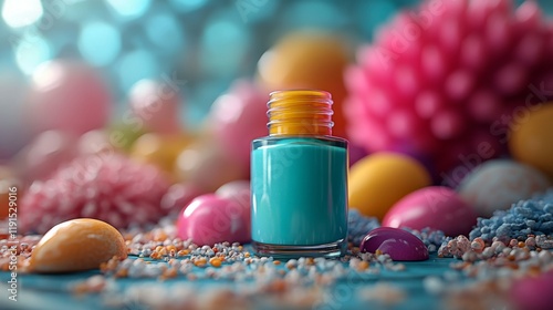 Vibrant blue nail polish surrounded by colorful decorations and textures in a...