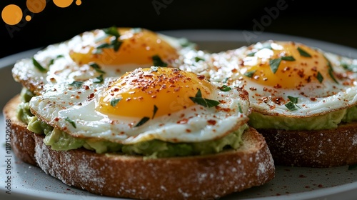 Delicious breakfast toast topped with avocado, fried egg, and spices served o...